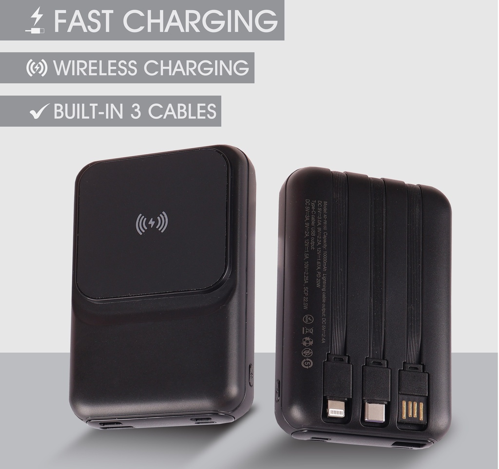 [PB-150-BK] FAST CHARGING POWER BANK W CABLES (BK)