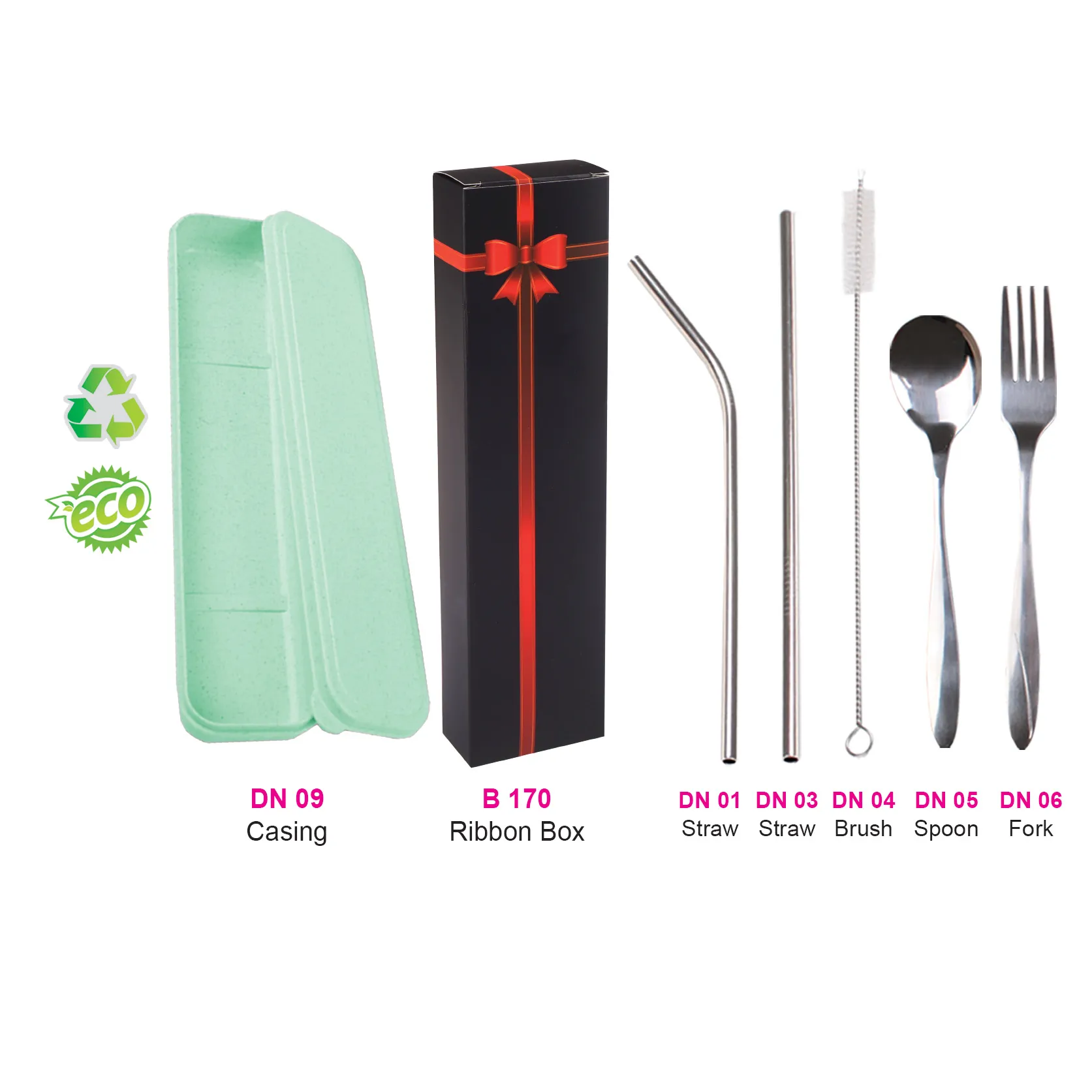STRAW & CUTLERY SET (5 IN 1)-GRN