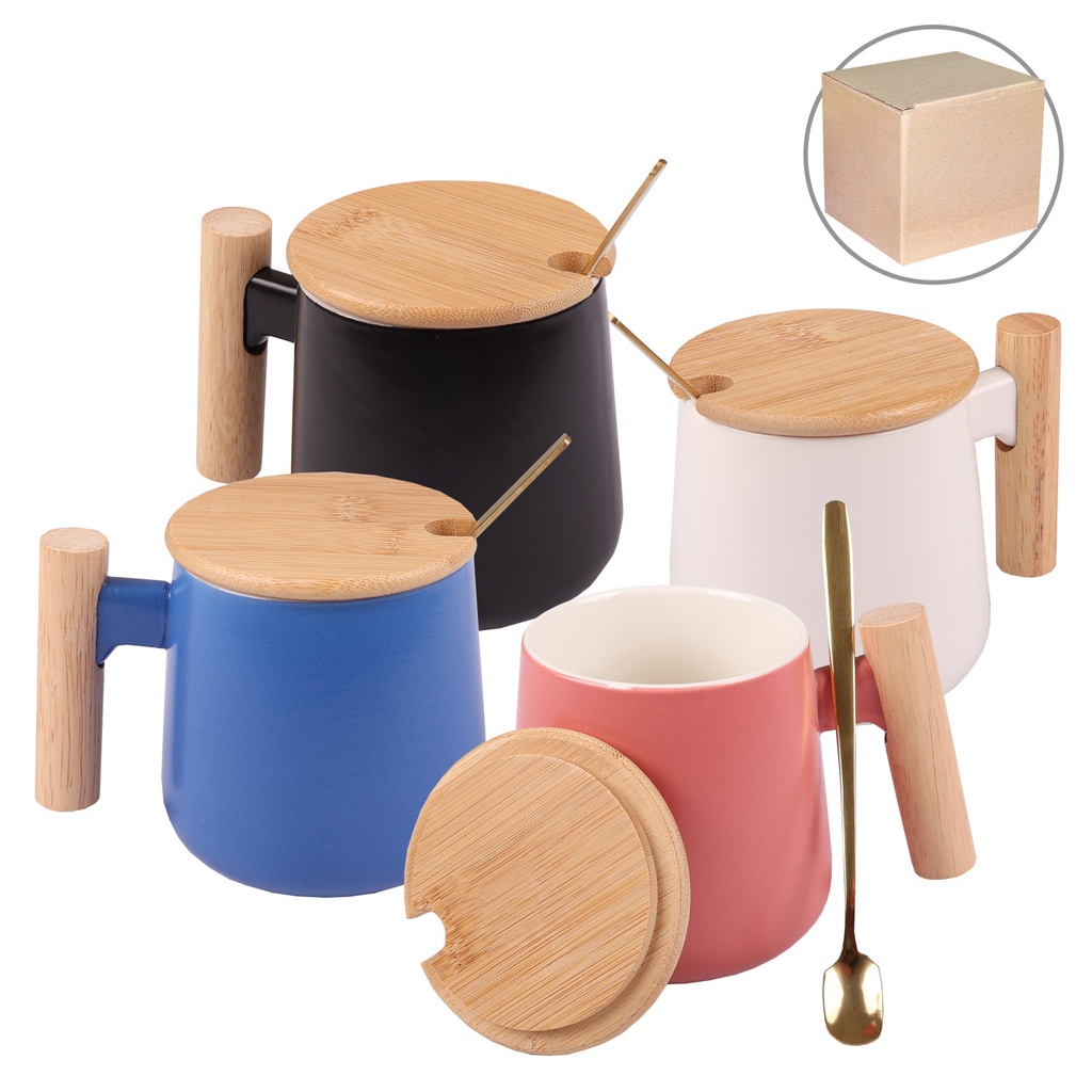 CERAMIC MUG W BAMBOO LID & SPOON